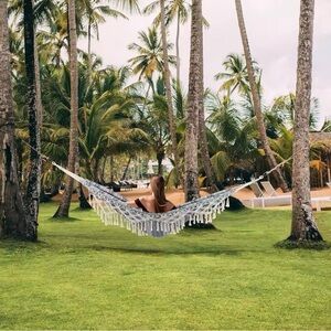 Bohemian Double Hammock Blue Pattern with Tassels, Heavy Duty Rope Fringe-Trim